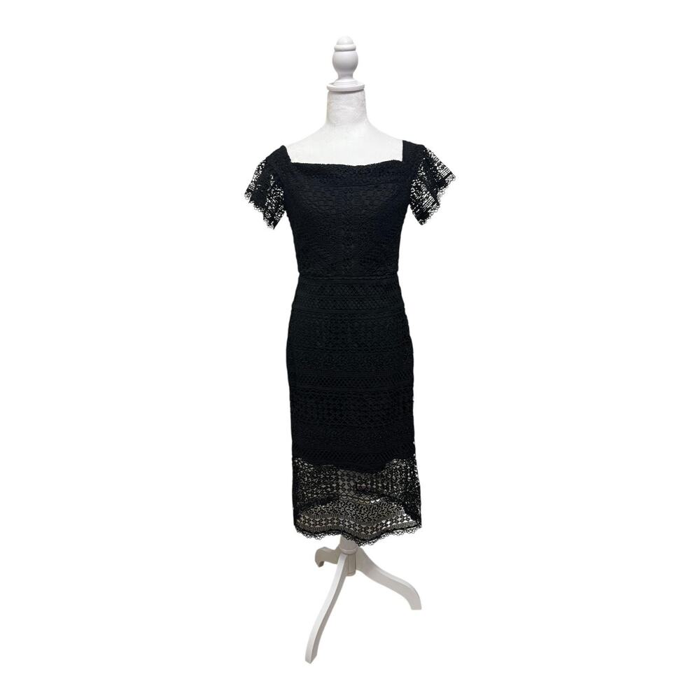 Cynthia Rowley Dress Womens 8 Black Lace Off Shoulder Midi Cocktail Party Sheath